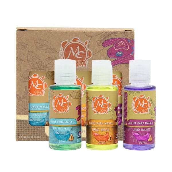 Kit de aceites para masaje 3 pzs de 50ml c/u LAVANDA, MANGO Y MENTA-HIERBABUENA